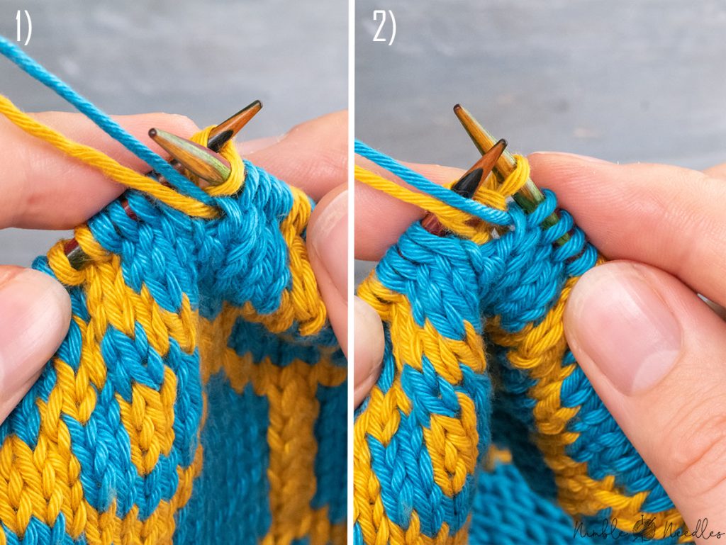 purling the jacquard ladder stitch through the back loop