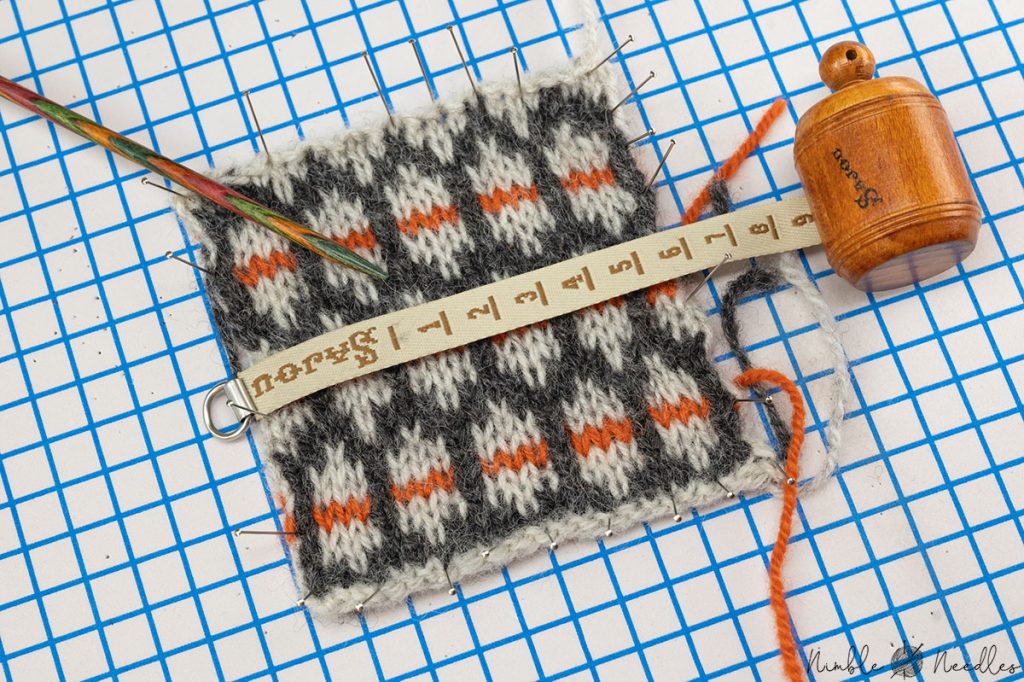 measuring the gauge on a blocked fair isle swatch
