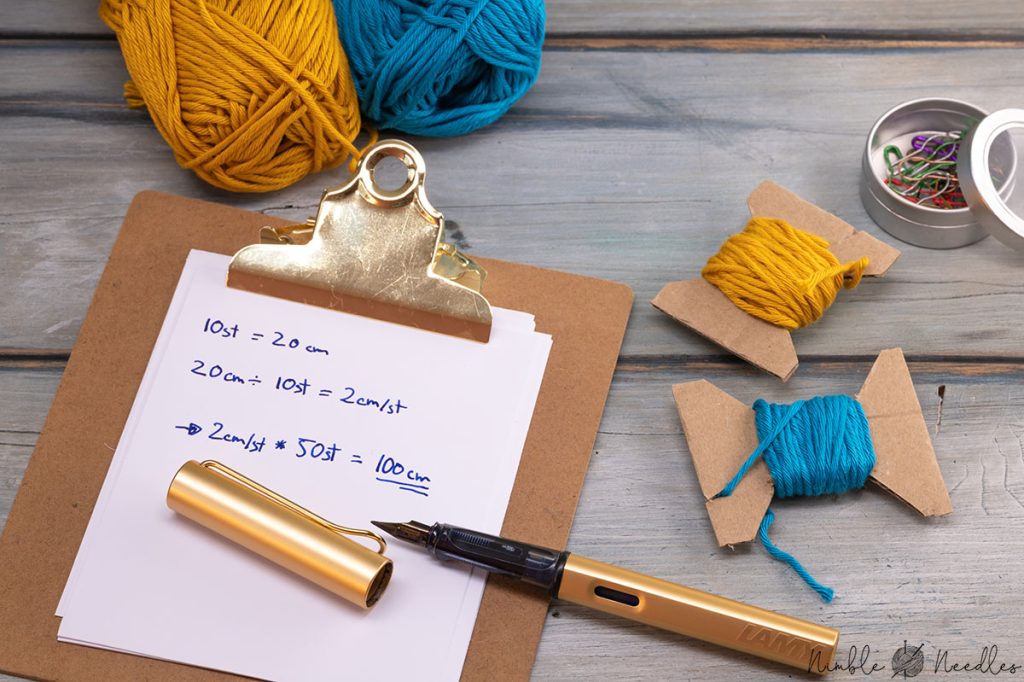 someone calculating the yarn needed for a bobbin in intarsia knitting