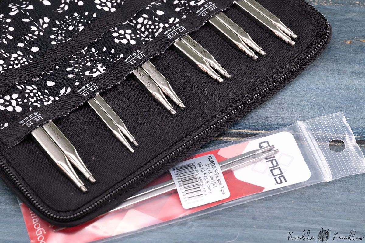 chiaogoo quads interchangeable knitting needles in a needle case on a table