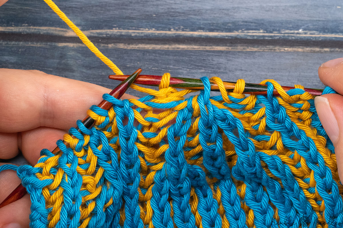 the finished brioche double decreases on the needle