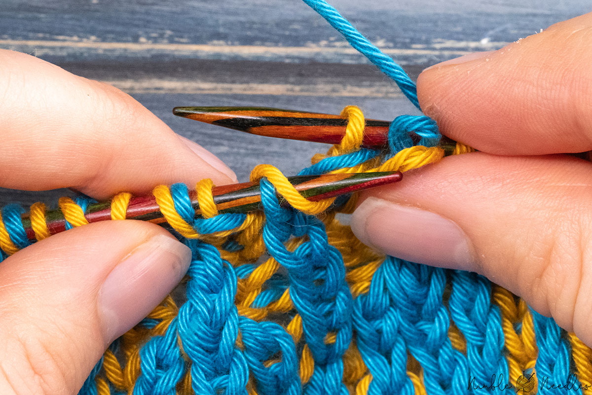 intentionally dropping a stitch by pulling out the left needle
