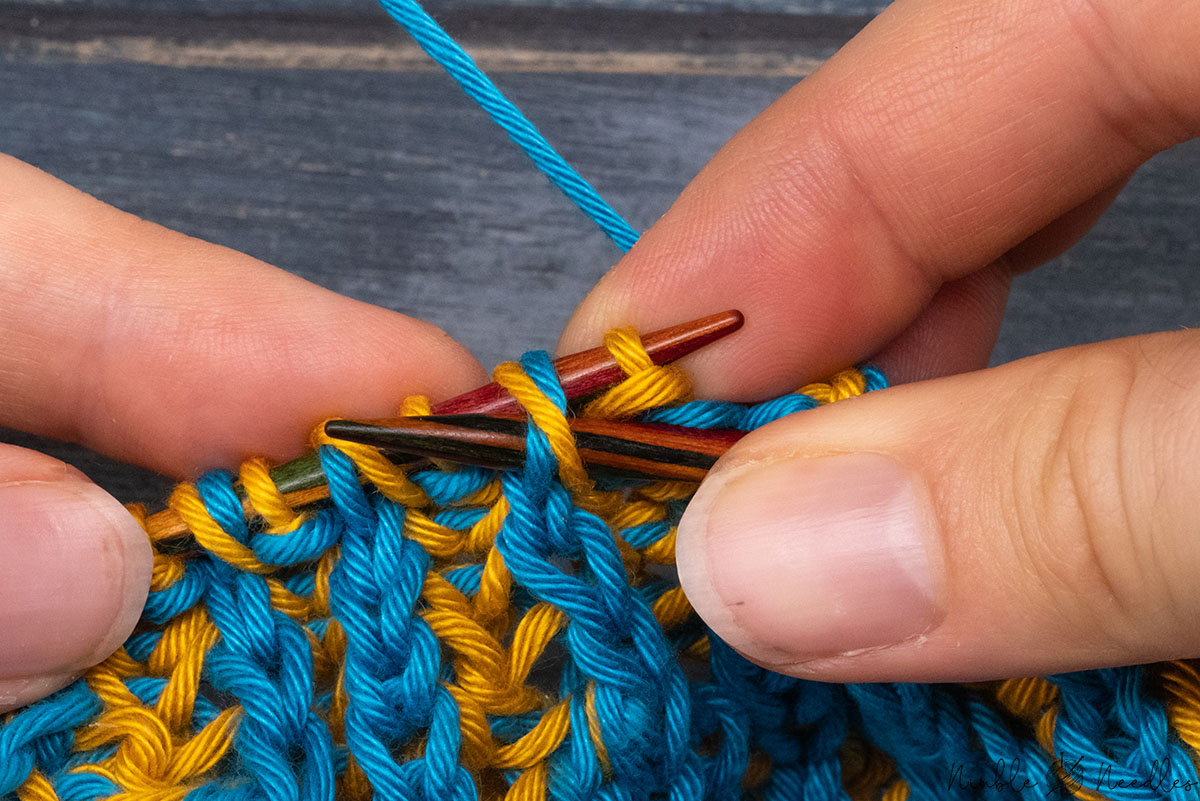 inserting the needle in the next double stitch from the front