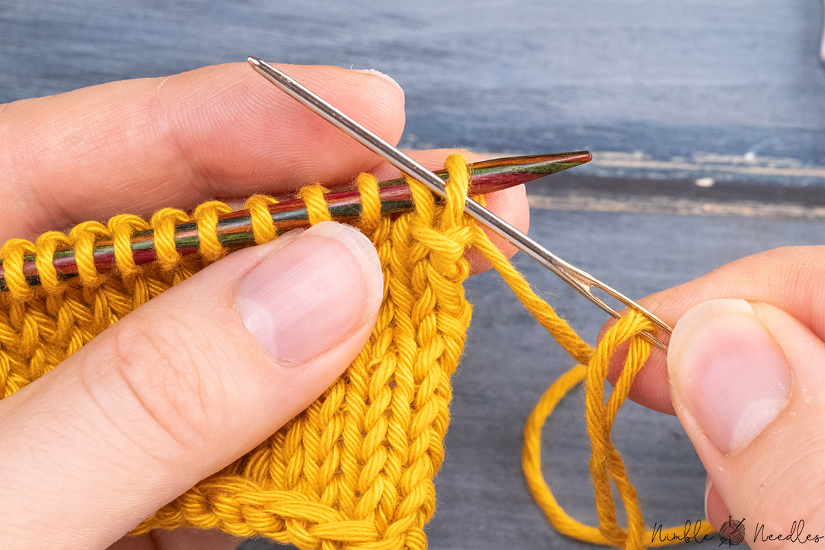 going into the first stitch on the needle purlwise with the tapestry needle