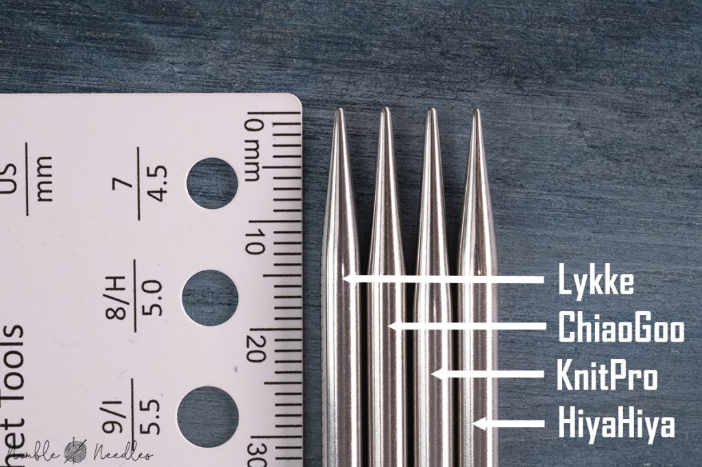 comparing the tips of the lykke flight with chiaogoo, knitpro, and hiyahiya