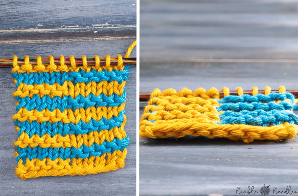 top view vs side view of a basic swatch showing you the illusion knitting effect